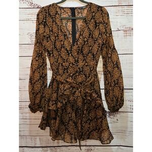 Black Floral Boho Print Size Med Long Sleeve Ruffle Mini Dress‎